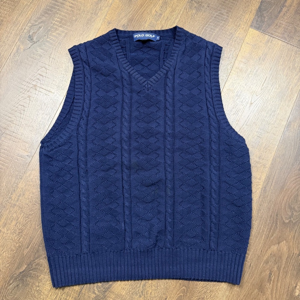 Vintage 90s Polo Golf Ralph Lauren Mens S Navy Cable Knit Sweater Vest USA